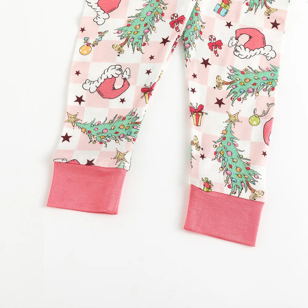 Christmas Pink Plaid Christmas Tree Bamboo Long Sleeve Pajama Set