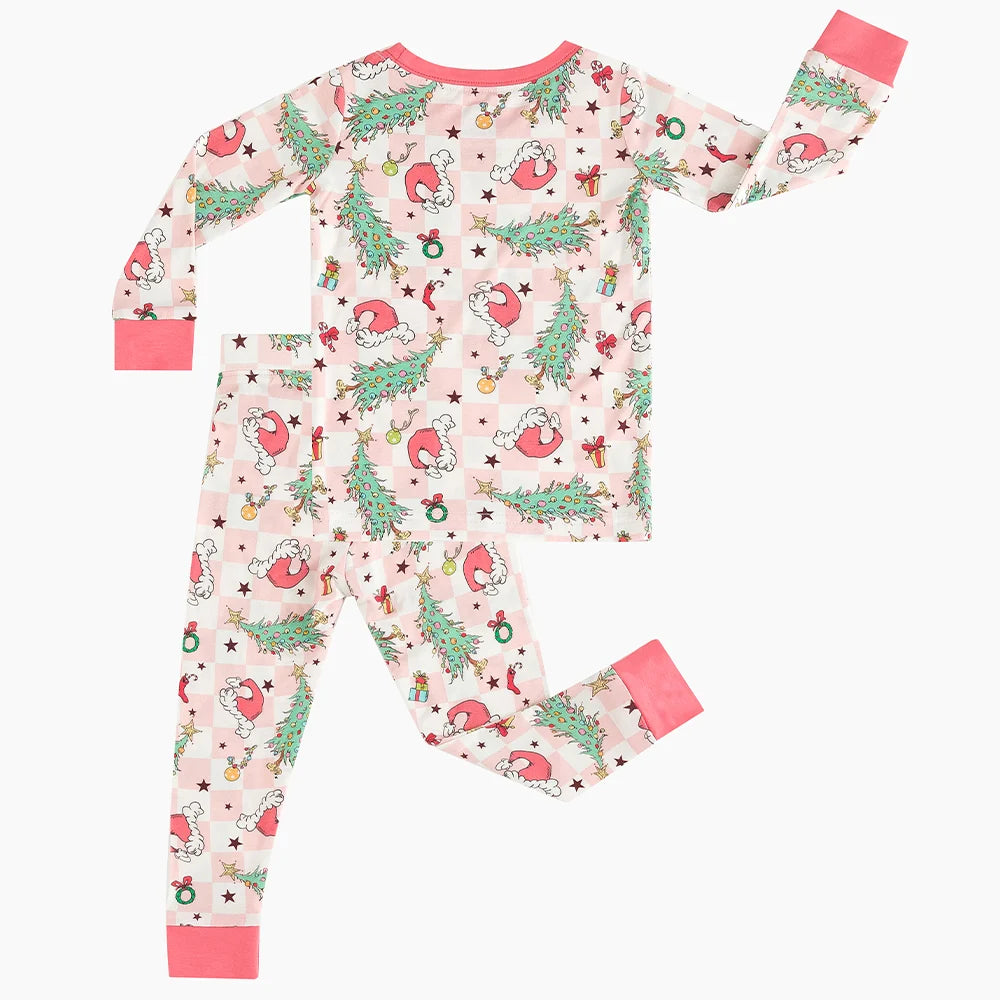 Christmas Pink Plaid Christmas Tree Bamboo Long Sleeve Pajama Set