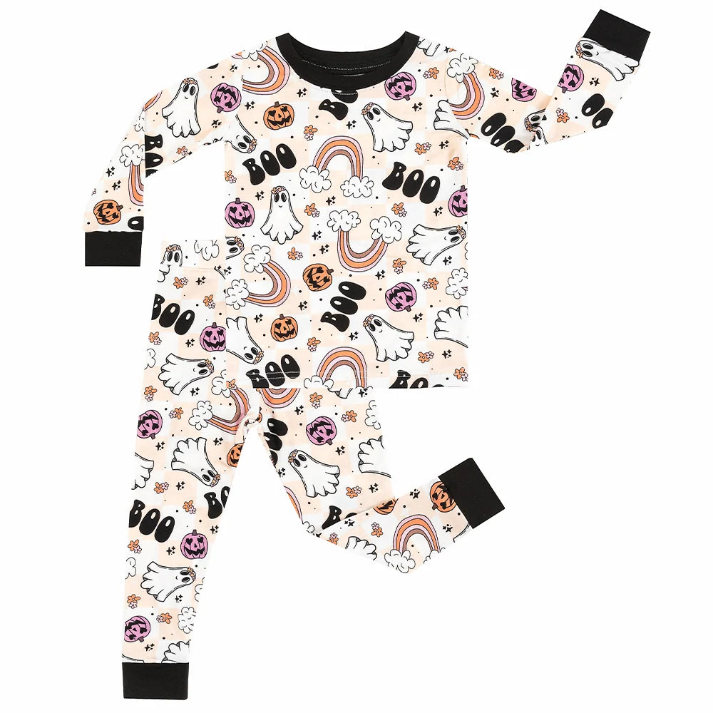 Halloween Pumpkin Ghost Rainbow Kids Bamboo Two-Piece Pajama Set