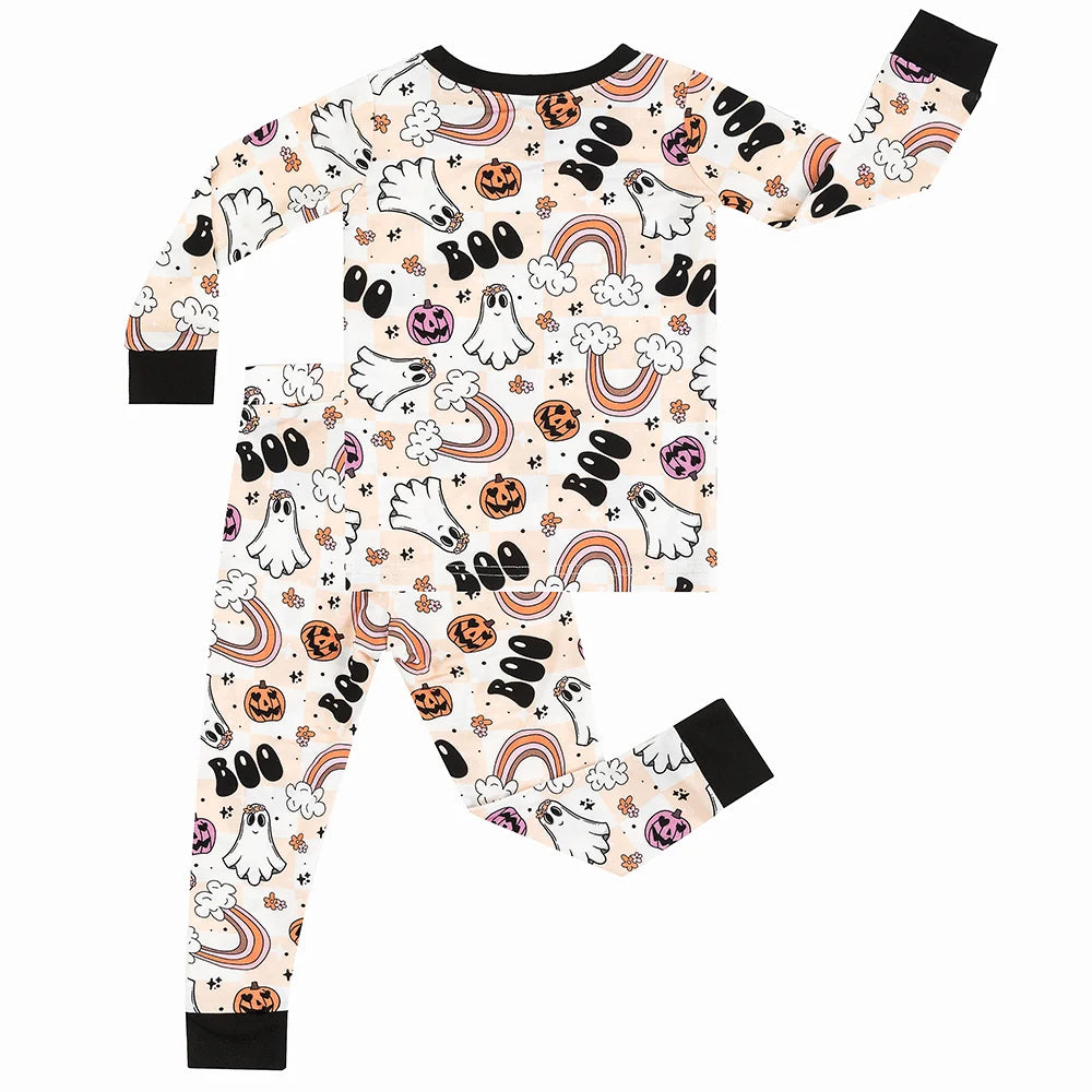 Halloween Pumpkin Ghost Rainbow Kids Bamboo Two-Piece Pajama Set
