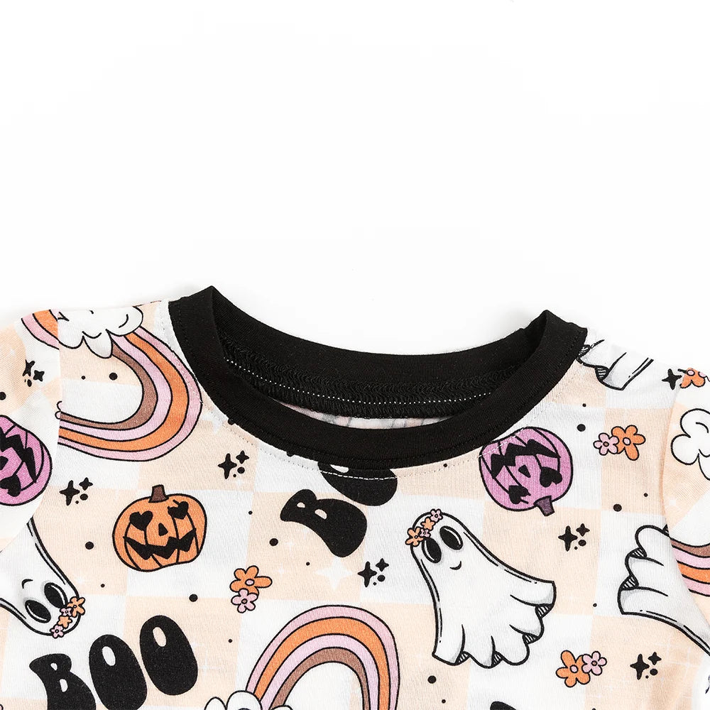 Halloween Pumpkin Ghost Rainbow Kids Bamboo Two-Piece Pajama Set