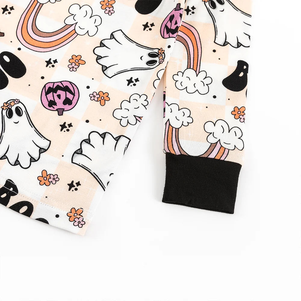 Halloween Pumpkin Ghost Rainbow Kids Bamboo Two-Piece Pajama Set