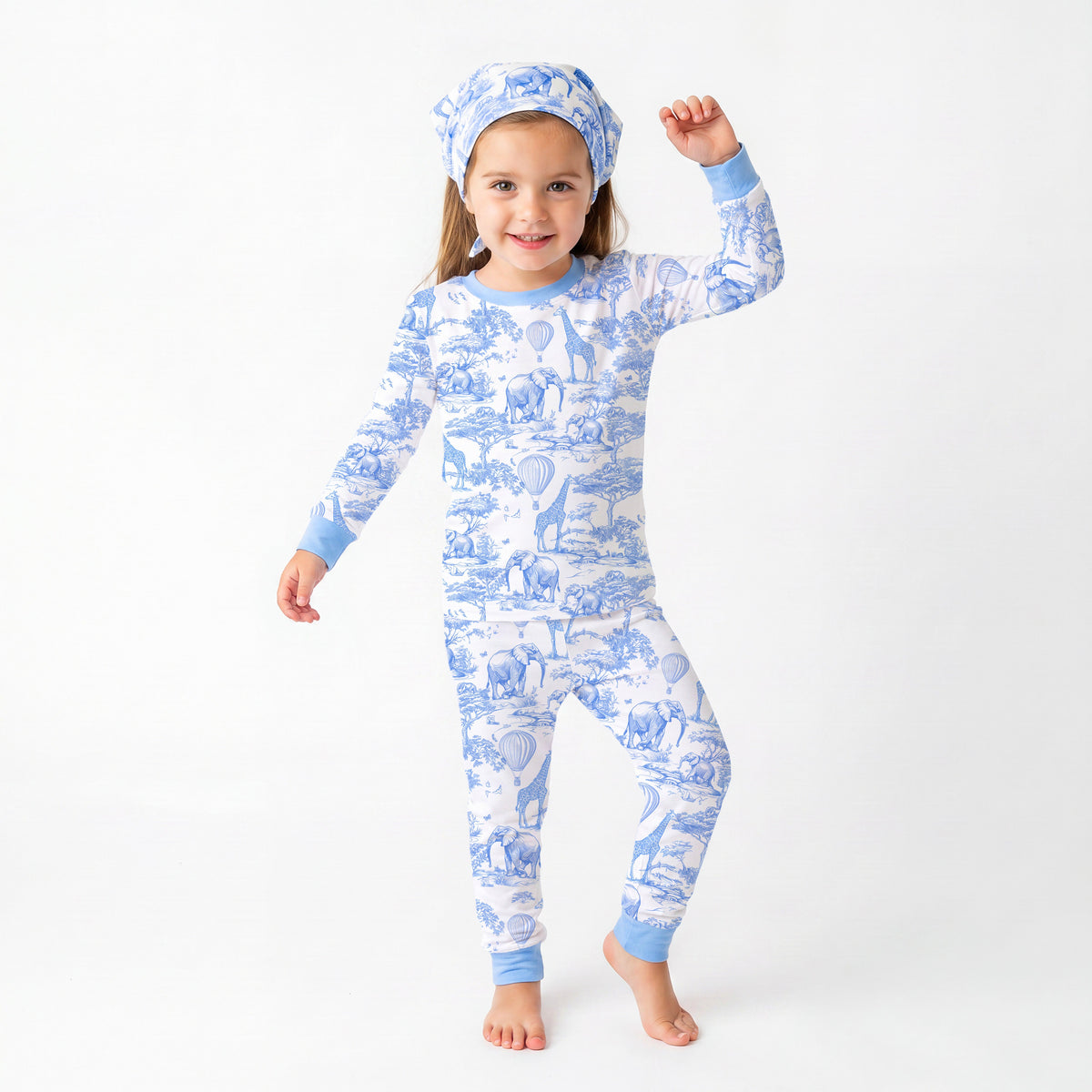 Safari Animal Jungle Sketch Blue Kids Bamboo Two-Piece Pajama Set