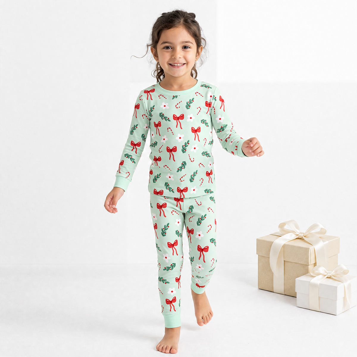 Christmas Bows and Candy Cane Garden Kids Bamboo Two-Piece Pajama Set