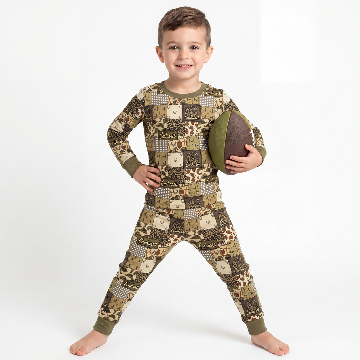 Camo and Football Western Hunting Patchwork Kids Two-Piece Pajama Set