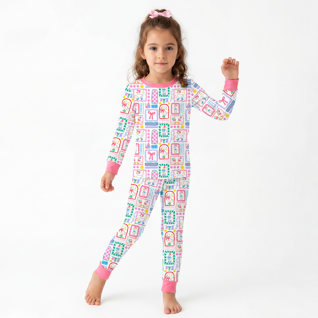 Kids Bamboo Two-Piece Pajama Set Sweet Duck Patchwork Pink Bow