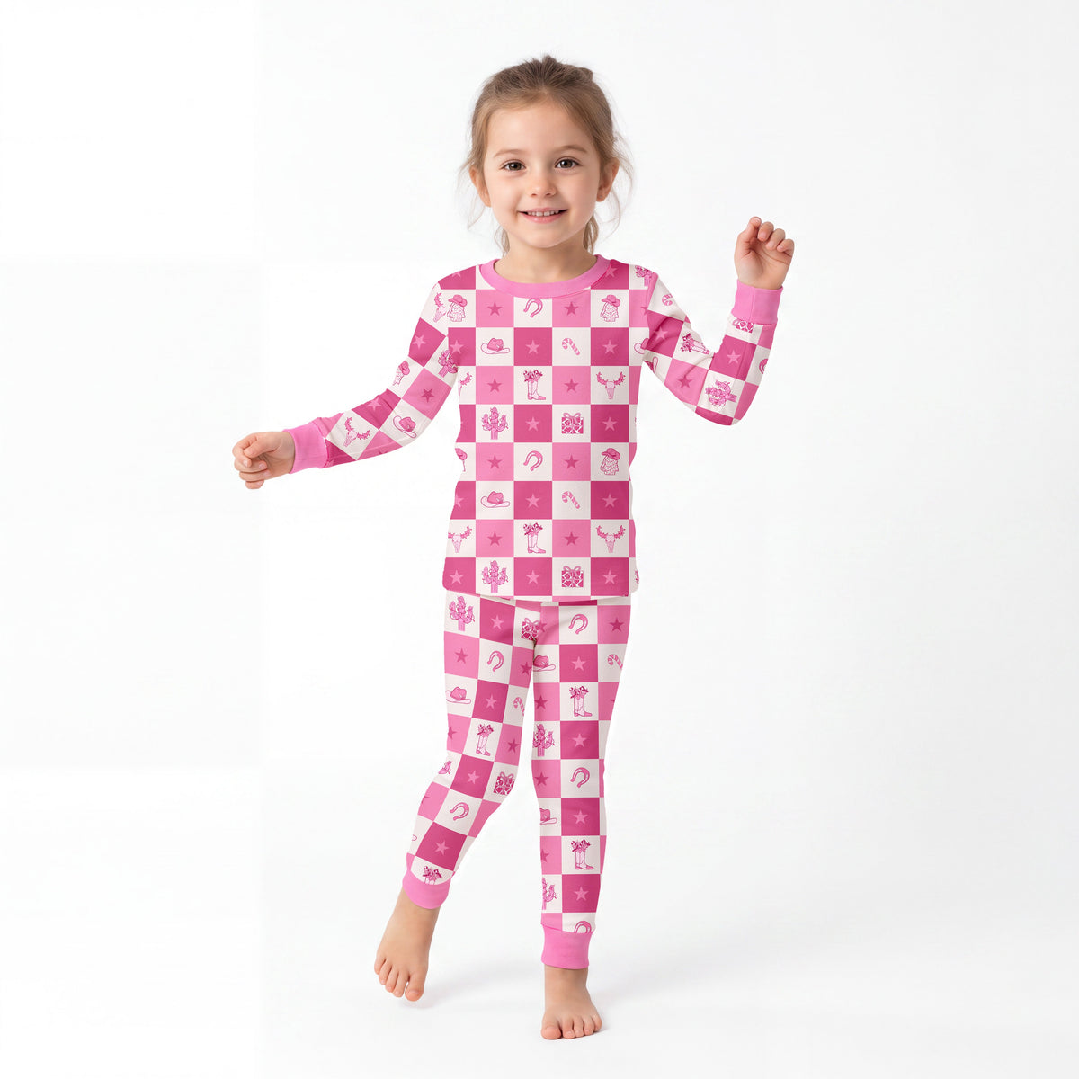 Christmas Cowgirl Checkerboard Kids Bamboo Two-Piece Pajama Set