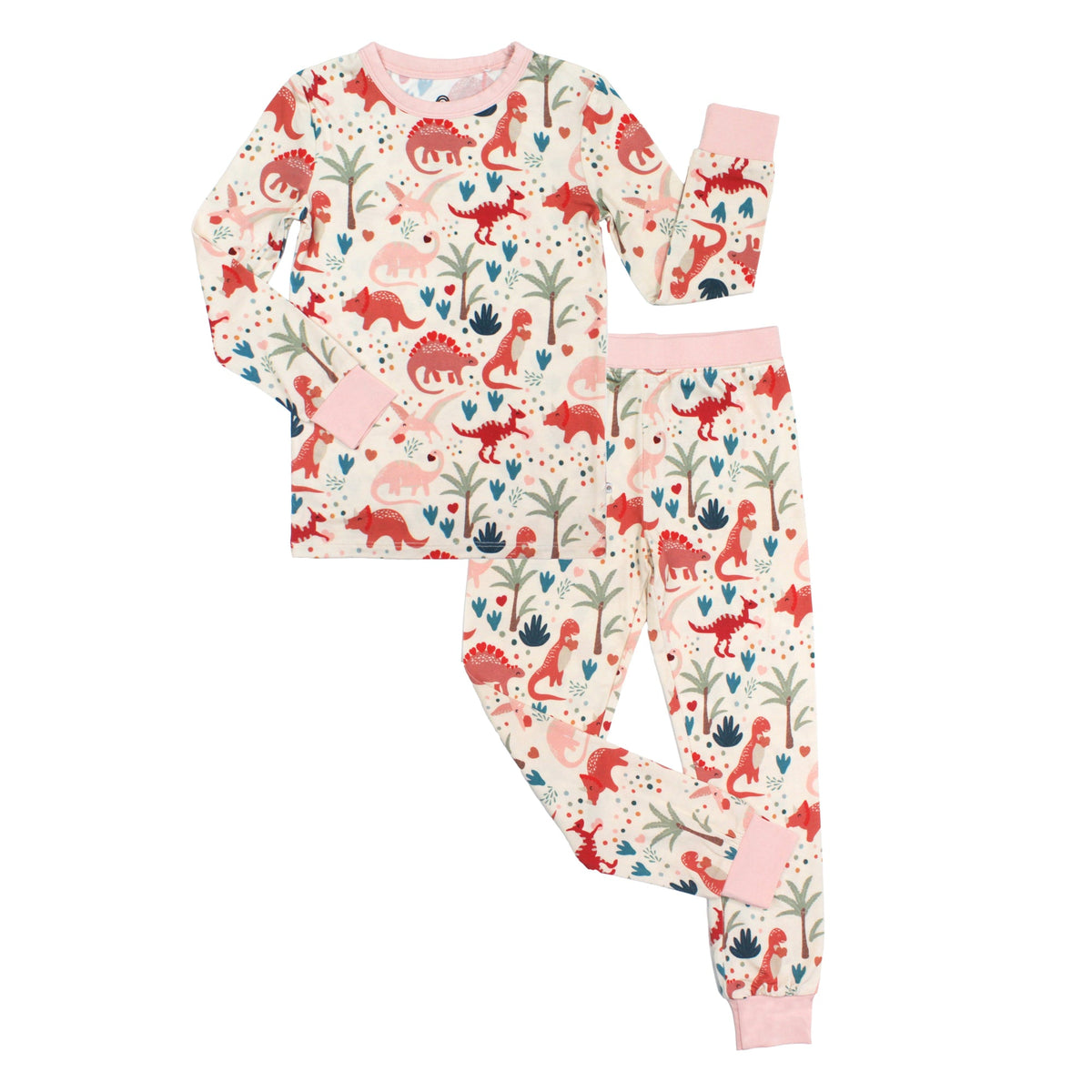 Lovasaurus Pink Valentine's Day Dinosaurs Two-Piece Bamboo Long Sleeve Kids Pajama Pants Set