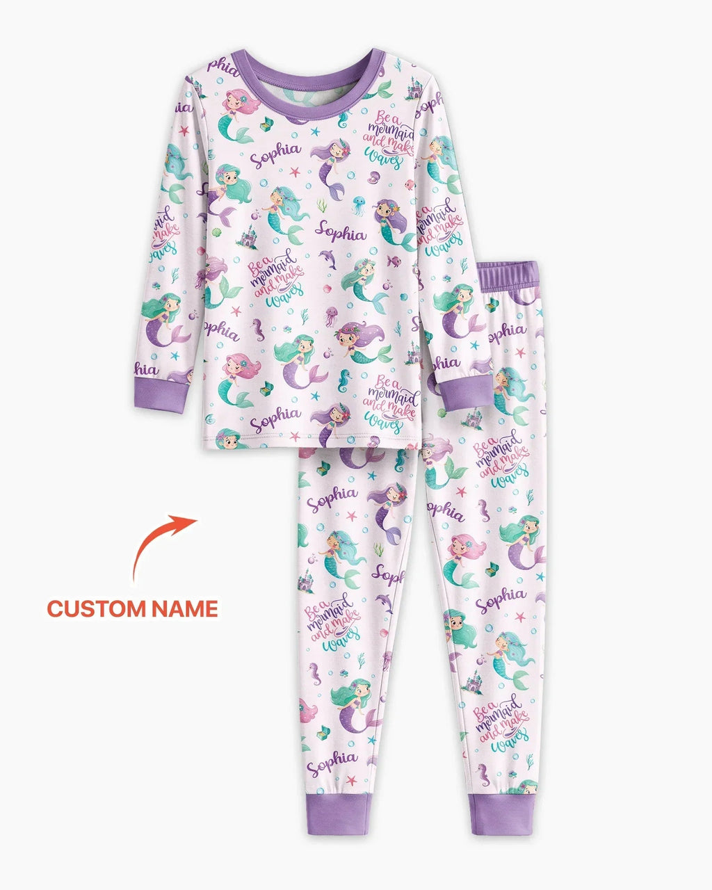 Custom Name Mermaid Make Waves Bamboo Two Piece Long Sleeve Pajama Set