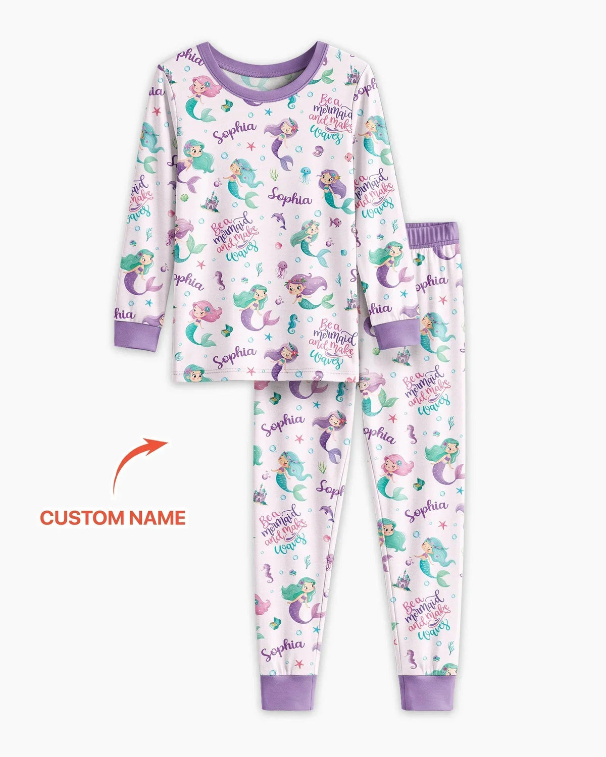 Custom Name Mermaid Make Waves Bamboo Two Piece Long Sleeve Pajama Set