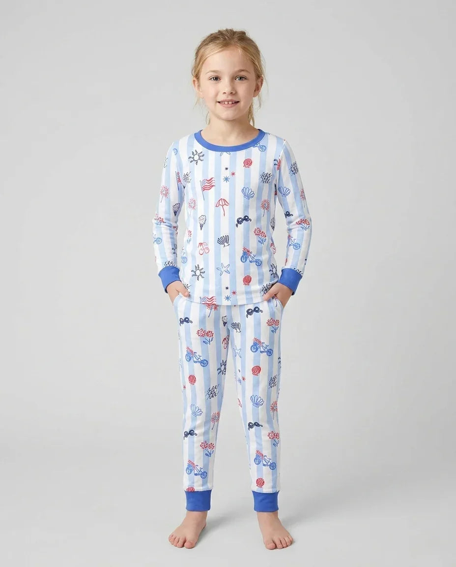 Red, White & Beachy Family Matching Bamboo Two Piece Long Sleeve Pajama Set