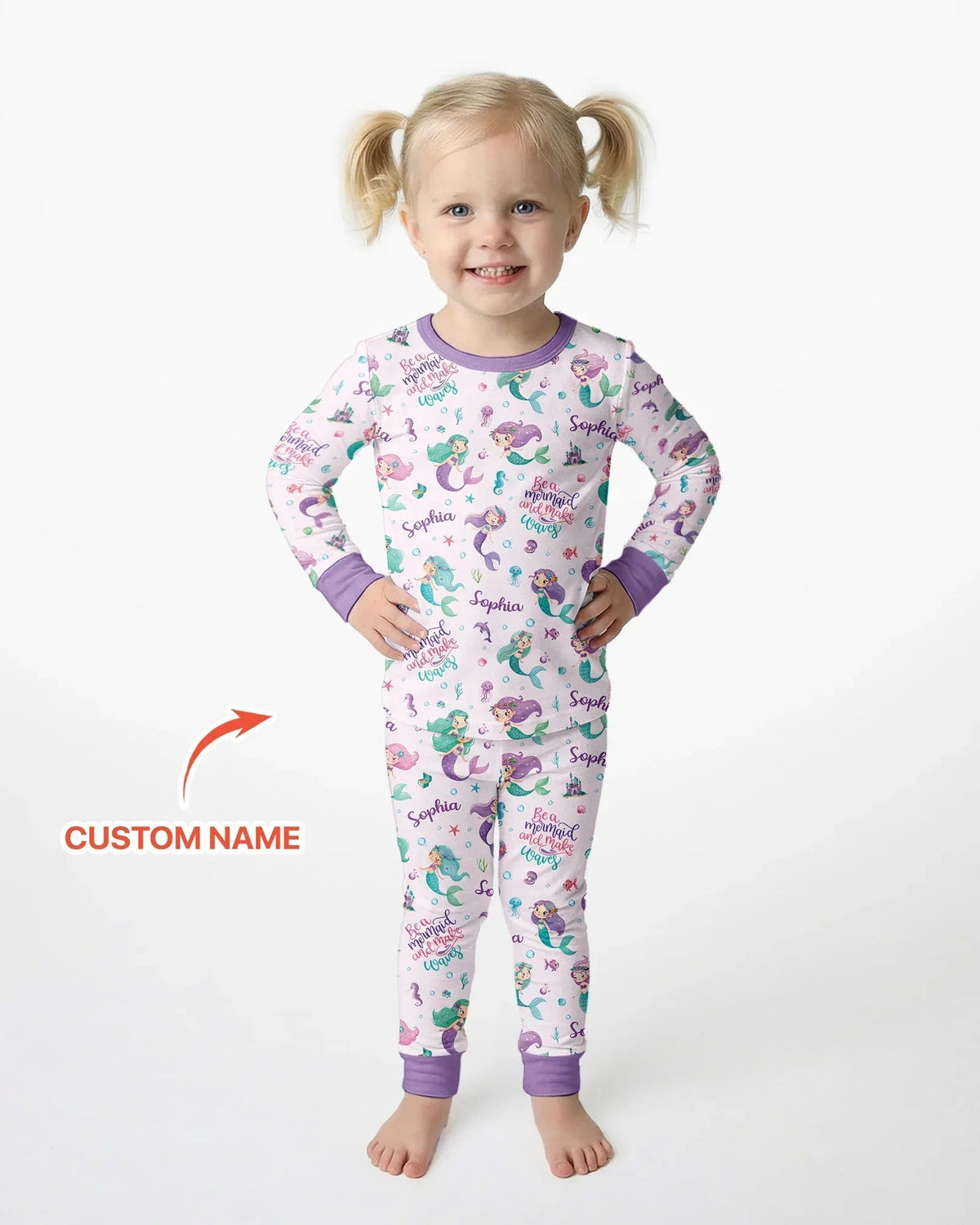 Custom Name Mermaid Make Waves Bamboo Two Piece Long Sleeve Pajama Set