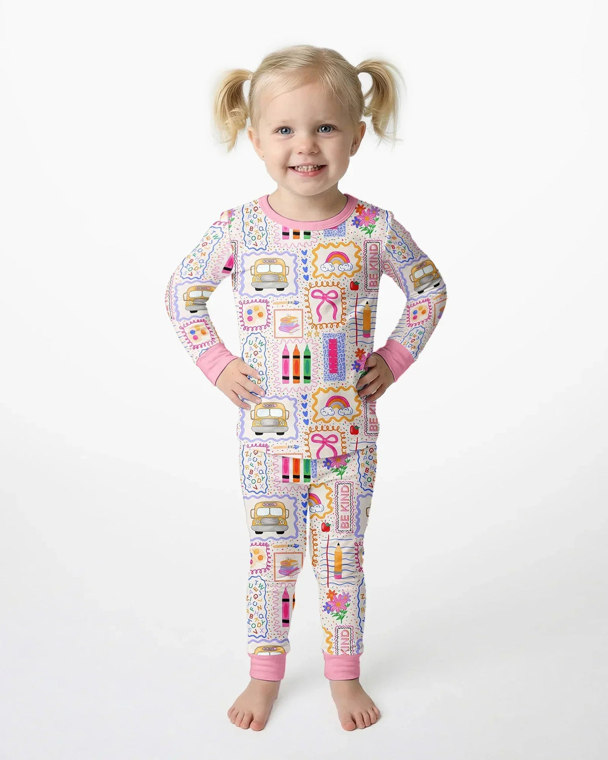 Colorful Doodle School Bamboo Two Piece Long Sleeve Pajama Set