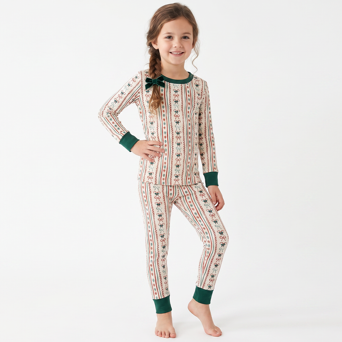 Striped Bow Bamboo Long Sleeve Pajama Set