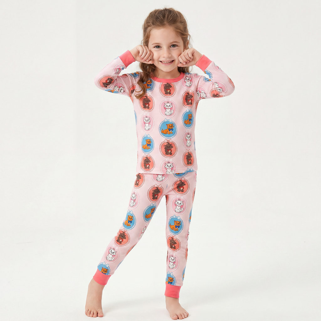 Cute Cat Pink Bamboo Long Sleeve Pajama Set