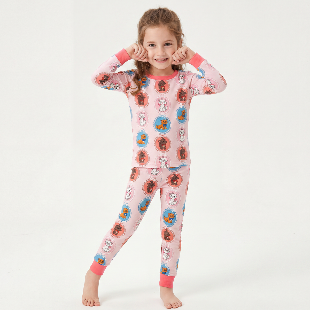 Cute Cat Pink Bamboo Long Sleeve Pajama Set