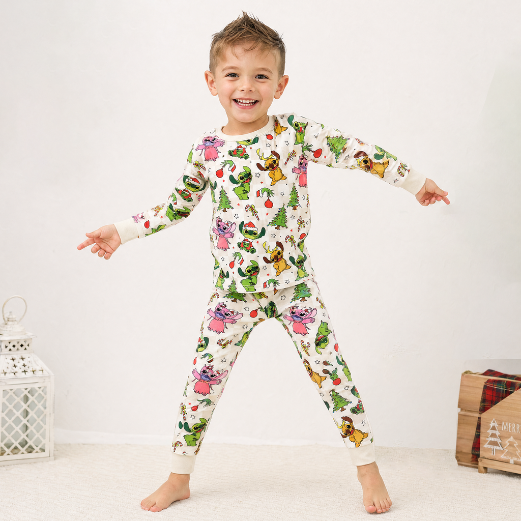 Christmas Alien Friends Checkerboard Kids Bamboo Two-Piece Pajama Set
