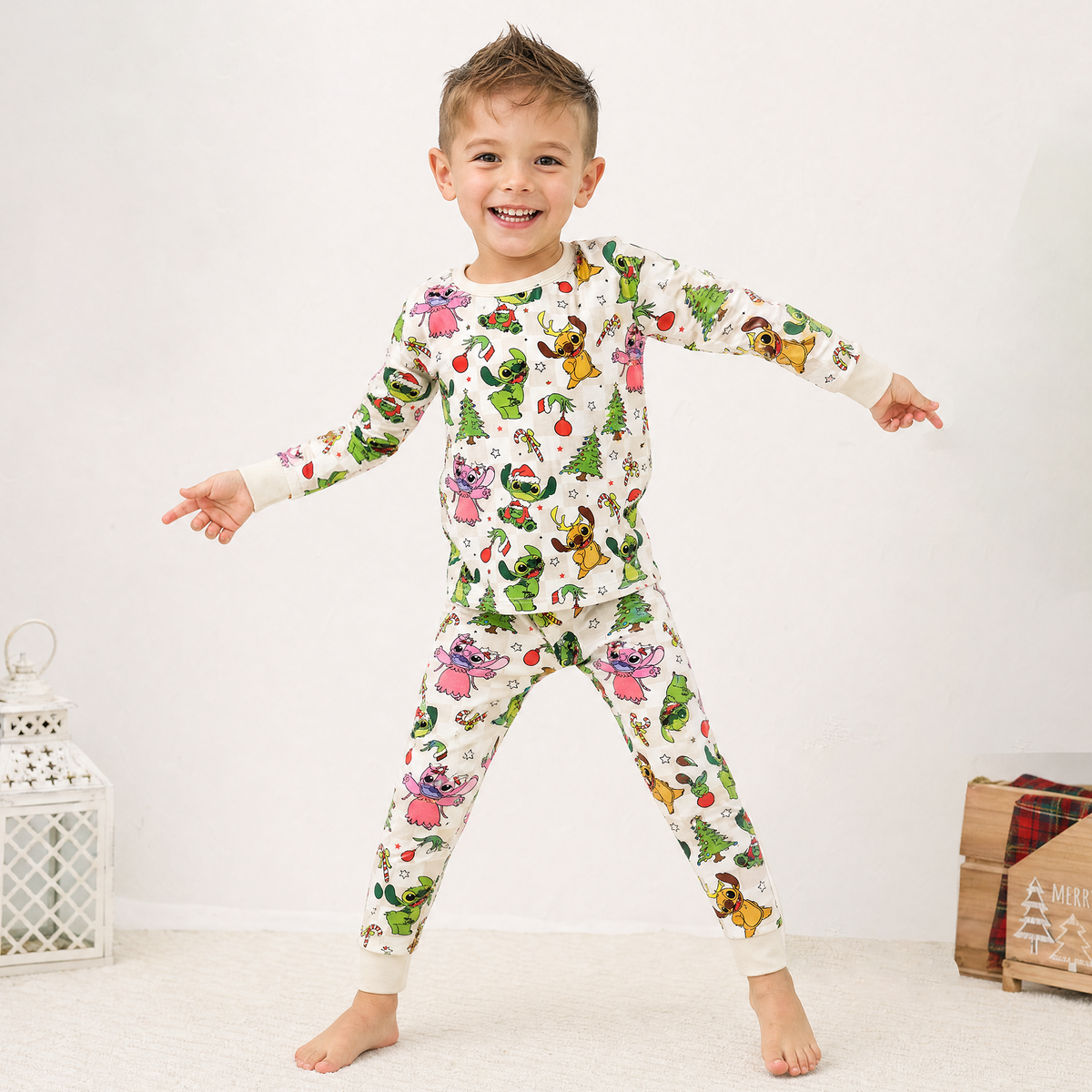 Christmas Alien Friends Checkerboard Kids Bamboo Two-Piece Pajama Set