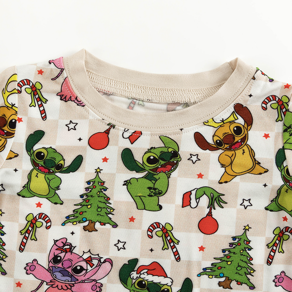 Christmas Alien Friends Checkerboard Kids Bamboo Two-Piece Pajama Set