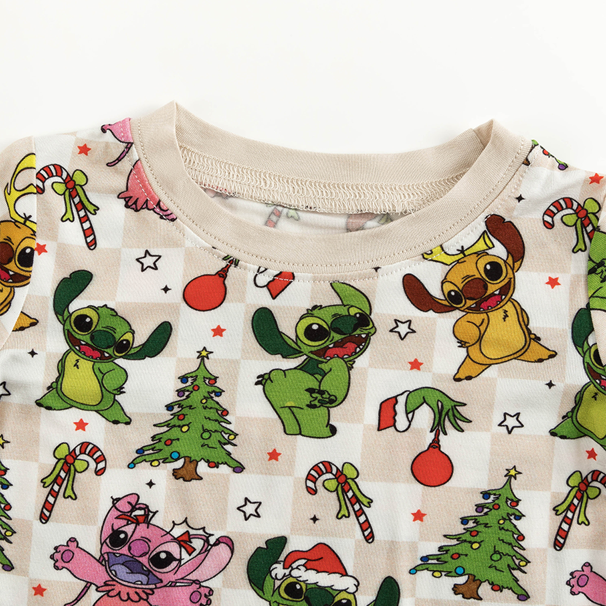 Christmas Alien Friends Checkerboard Kids Bamboo Two-Piece Pajama Set