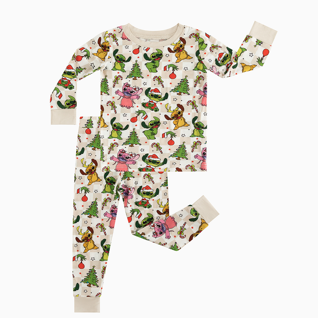 Christmas Alien Friends Checkerboard Kids Bamboo Two-Piece Pajama Set