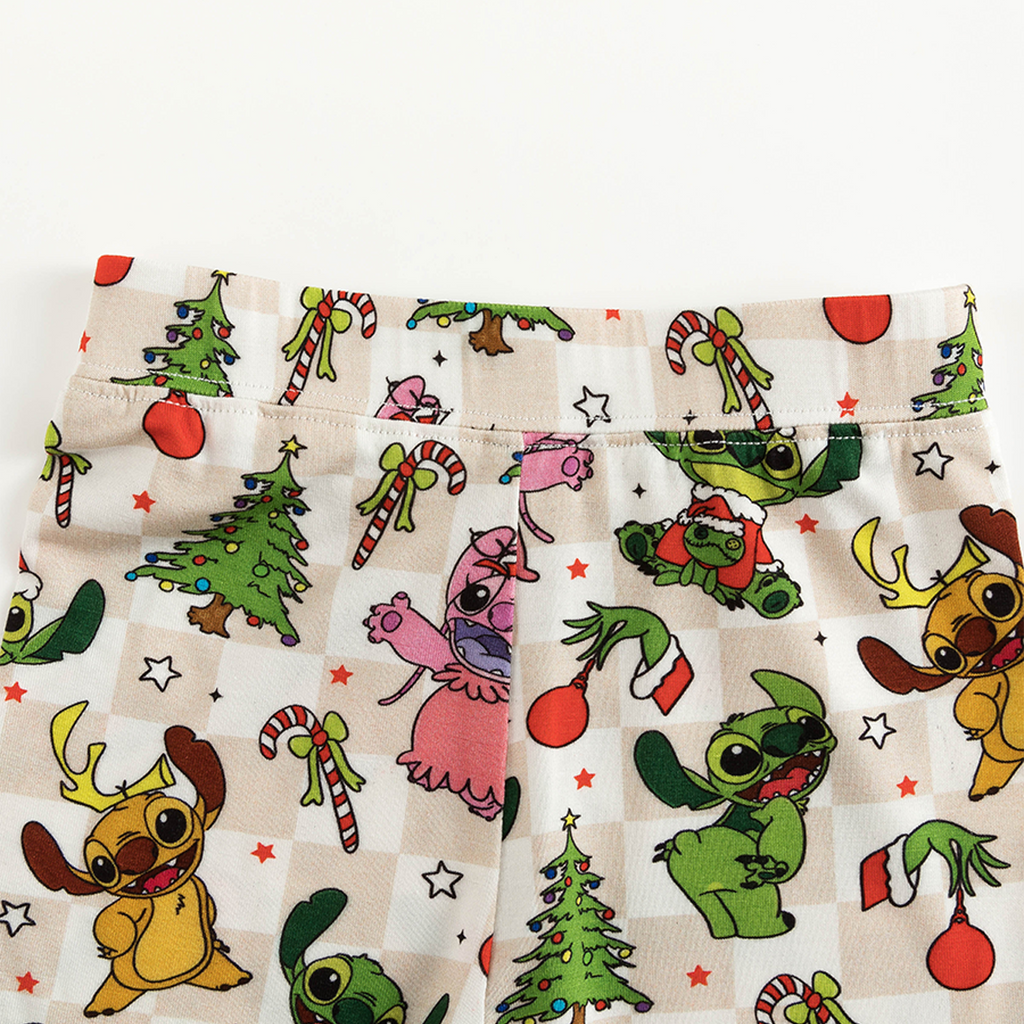 Christmas Alien Friends Checkerboard Kids Bamboo Two-Piece Pajama Set