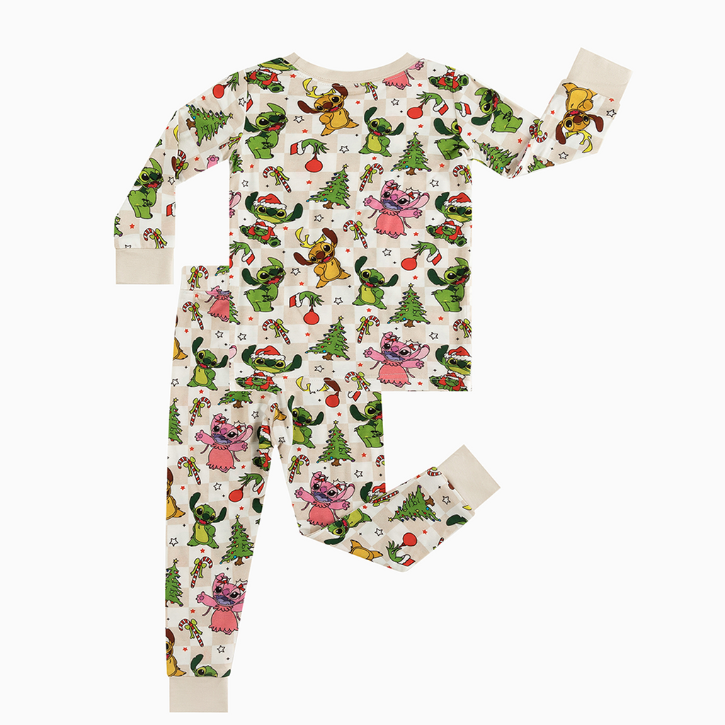 Christmas Alien Friends Checkerboard Kids Bamboo Two-Piece Pajama Set