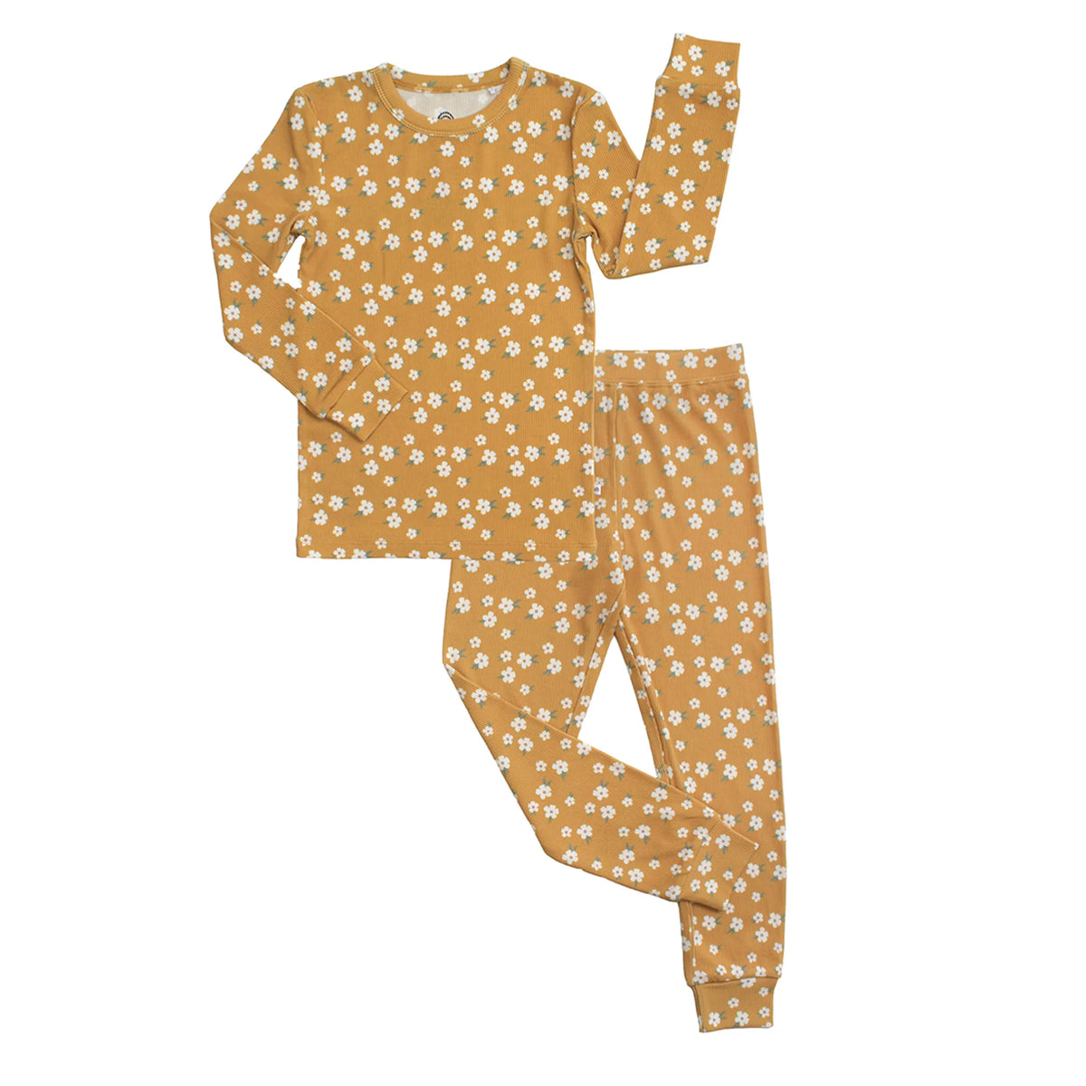 Golden Blooms Two-Piece Ribbed Bamboo Long Sleeve Kids Pajama Pants Set