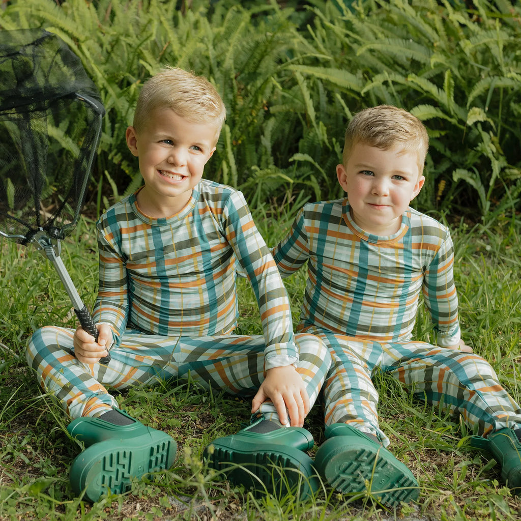 Fall Plaid Two-Piece Bamboo Long Sleeve Pajama Kids Pants Set