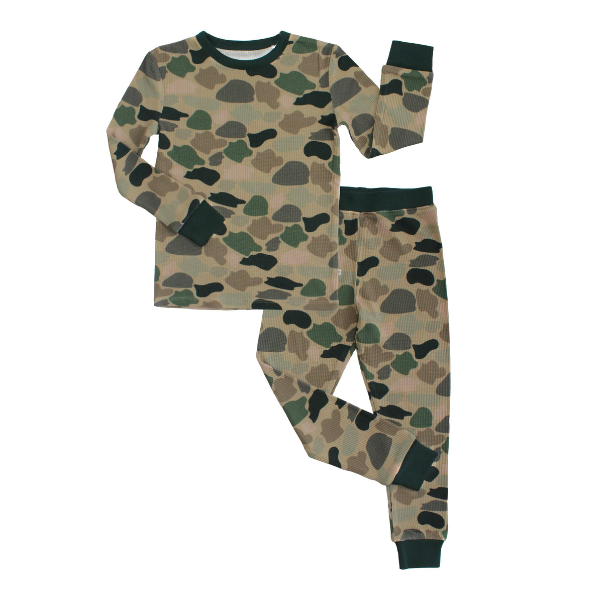 Classic Camo Two-Piece Waffle Knit Bamboo Long Sleeve Kids Pajama Pants Set
