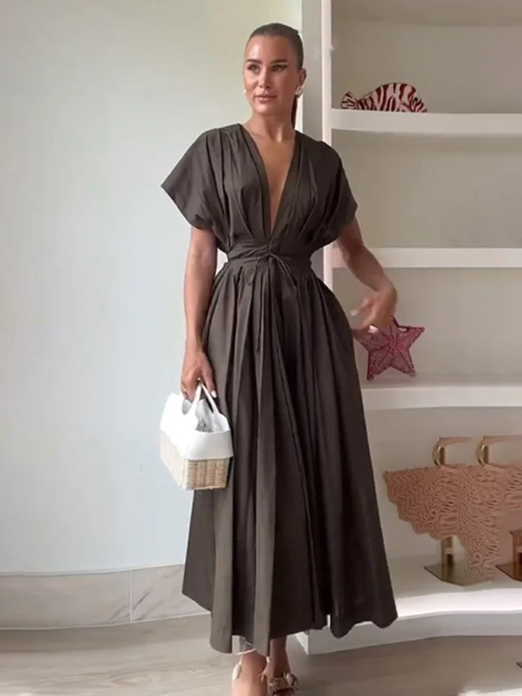 HH Summer Woman Lace Pleated Single-Breasted Design Midi Dress Women V-Neck Short Sleeve Chic Dress Elegant Slim Beach Dress