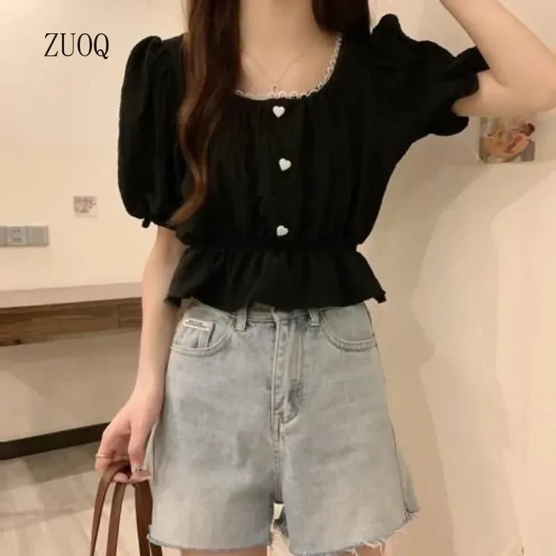 New 2026 Sweet Square Collar Chiffon Shirts Women's Summer New Office Lady Puff Sleeve Waist Tops Blouse Woman