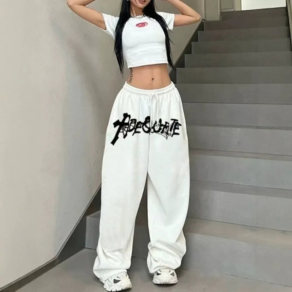 New American Style White Hip Hop Jazz Dance High Waist Loose Straight Leg Wide Leg Drawstring Sports Fashion Trousers