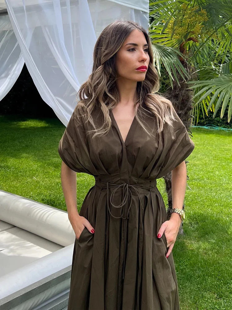 HH Summer Woman Lace Pleated Single-Breasted Design Midi Dress Women V-Neck Short Sleeve Chic Dress Elegant Slim Beach Dress