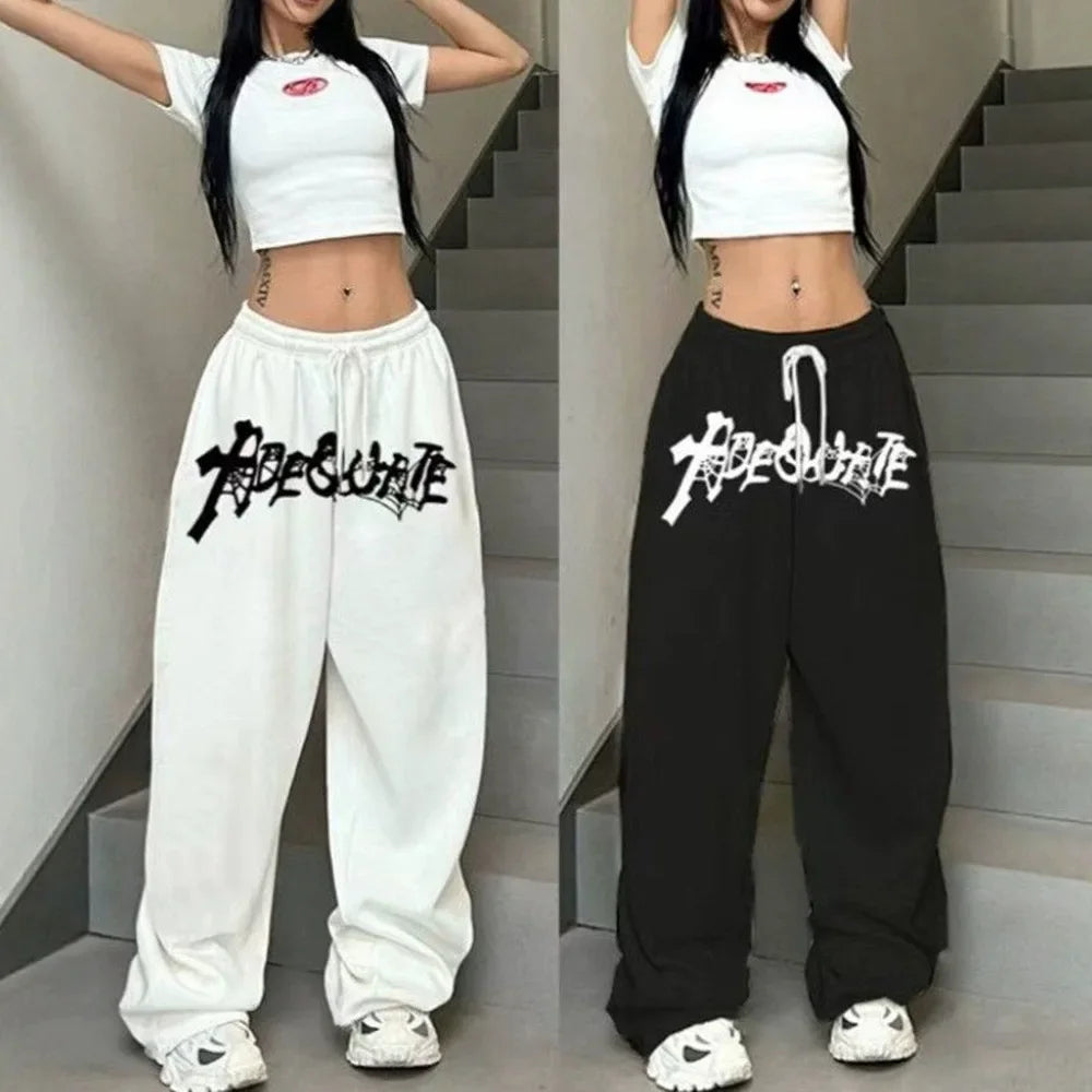 New American Style White Hip Hop Jazz Dance High Waist Loose Straight Leg Wide Leg Drawstring Sports Fashion Trousers
