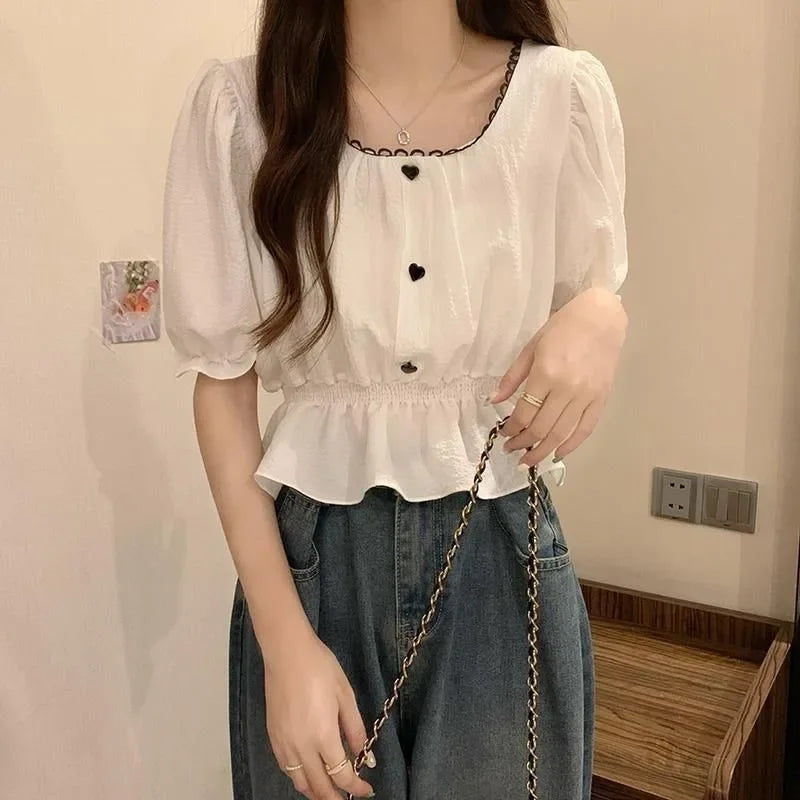 New 2026 Sweet Square Collar Chiffon Shirts Women's Summer New Office Lady Puff Sleeve Waist Tops Blouse Woman