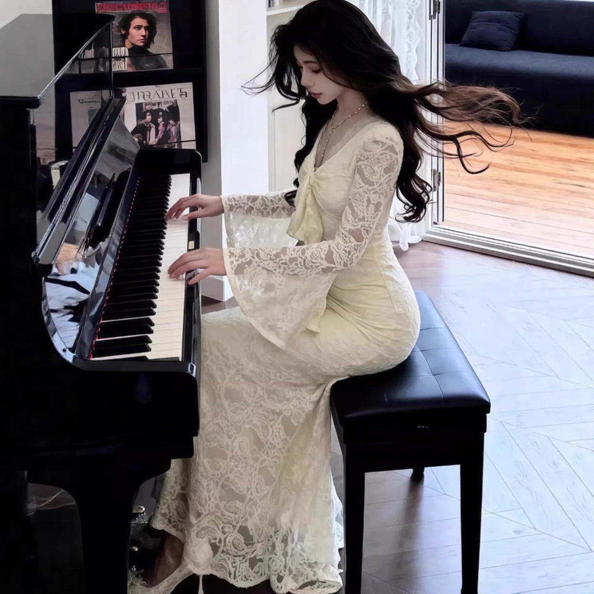 Purple Lace Bodycon Dress V-neck Long Skirt Sexy Lady Style Tight Fit Autumn Winter Women's Clothing Polyester Fabric High Waist