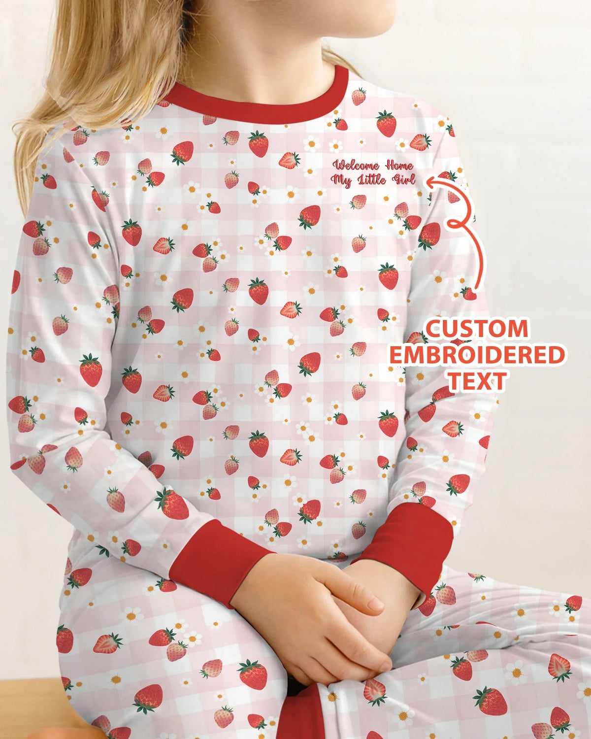 Embroidered Custom Text Strawberry Bamboo Two Piece Long Sleeve Pajama Set