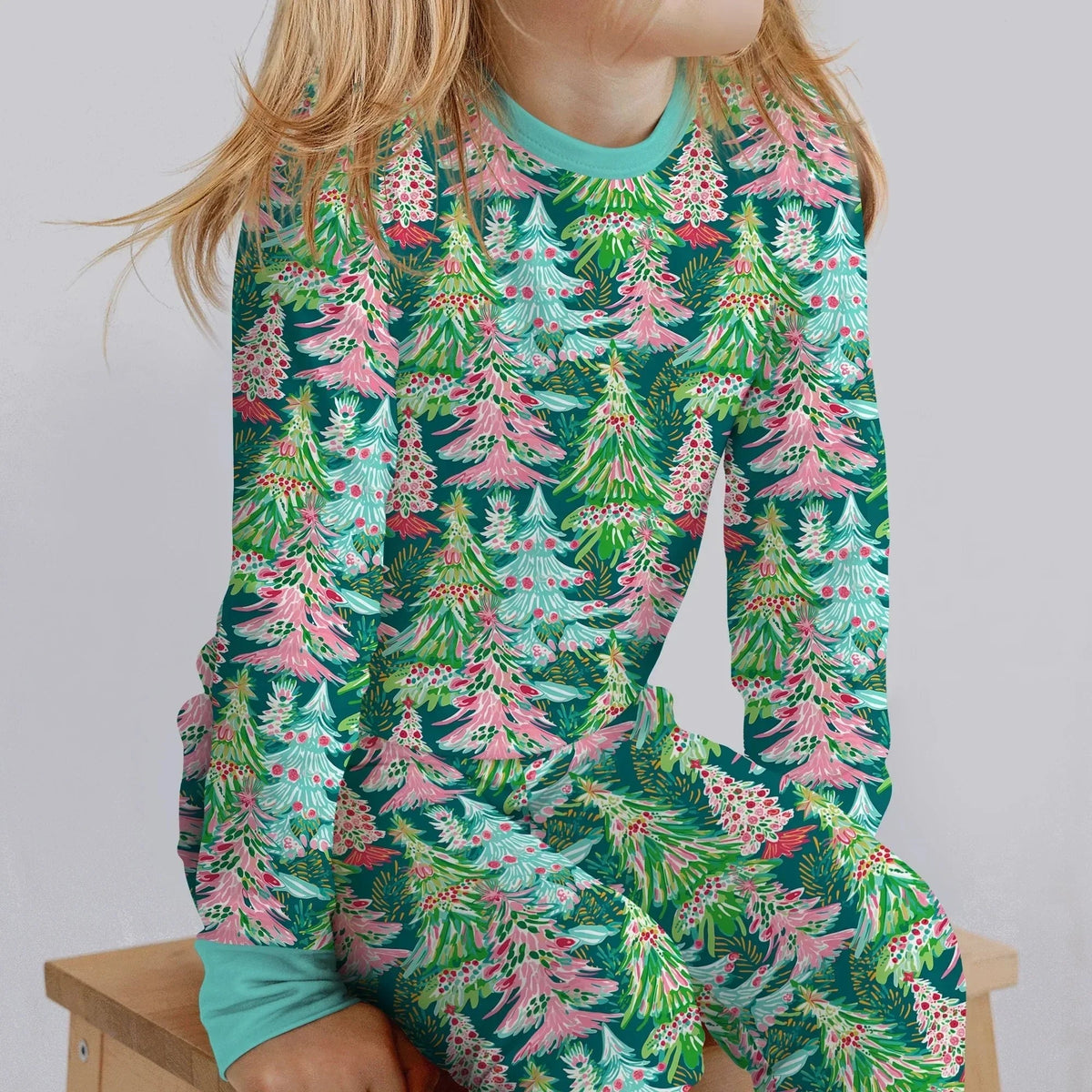 Brushstroke Merry Trees Bamboo Two Piece Long Sleeve Pajama Set