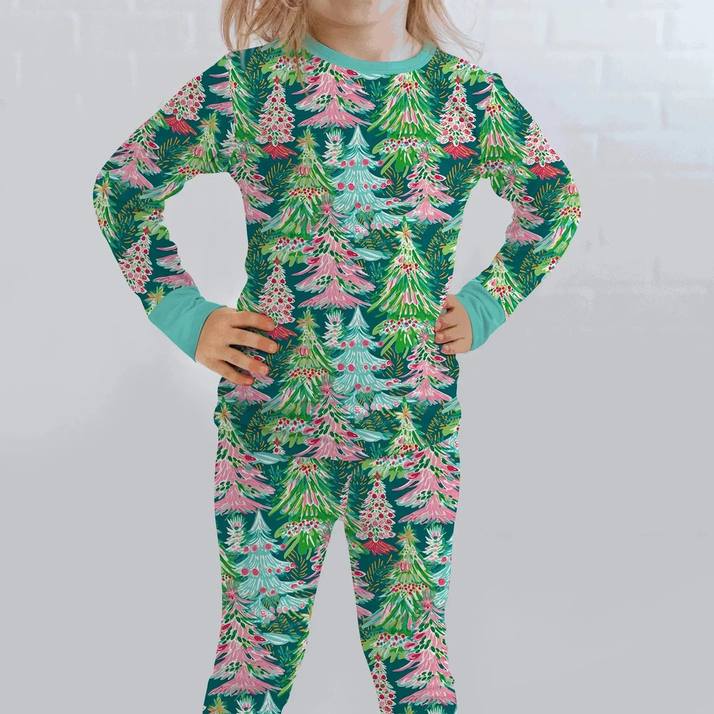 Brushstroke Merry Trees Bamboo Two Piece Long Sleeve Pajama Set