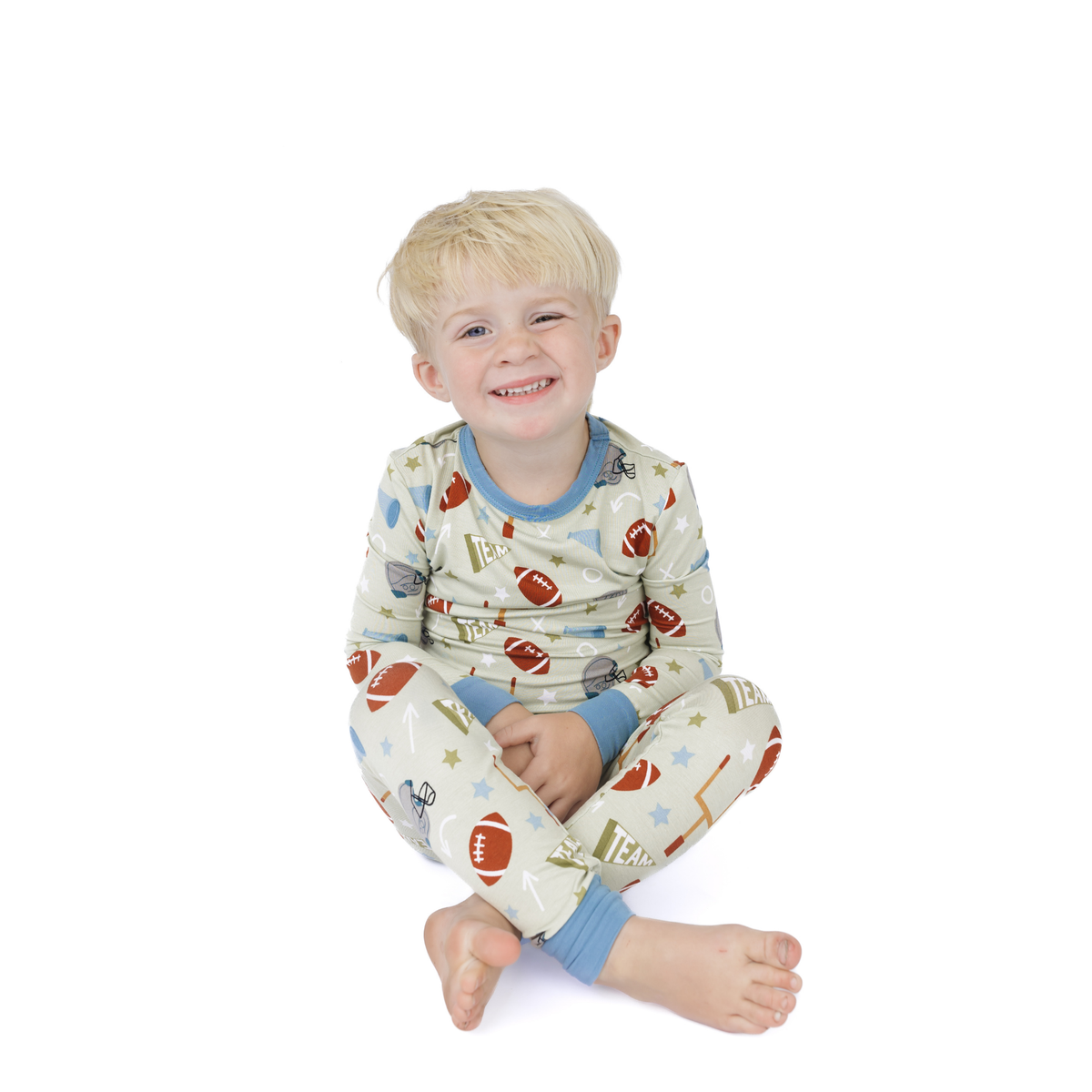 Game Day Green Football Two-Piece Bamboo Long Sleeve Kids Pajama Pants Set