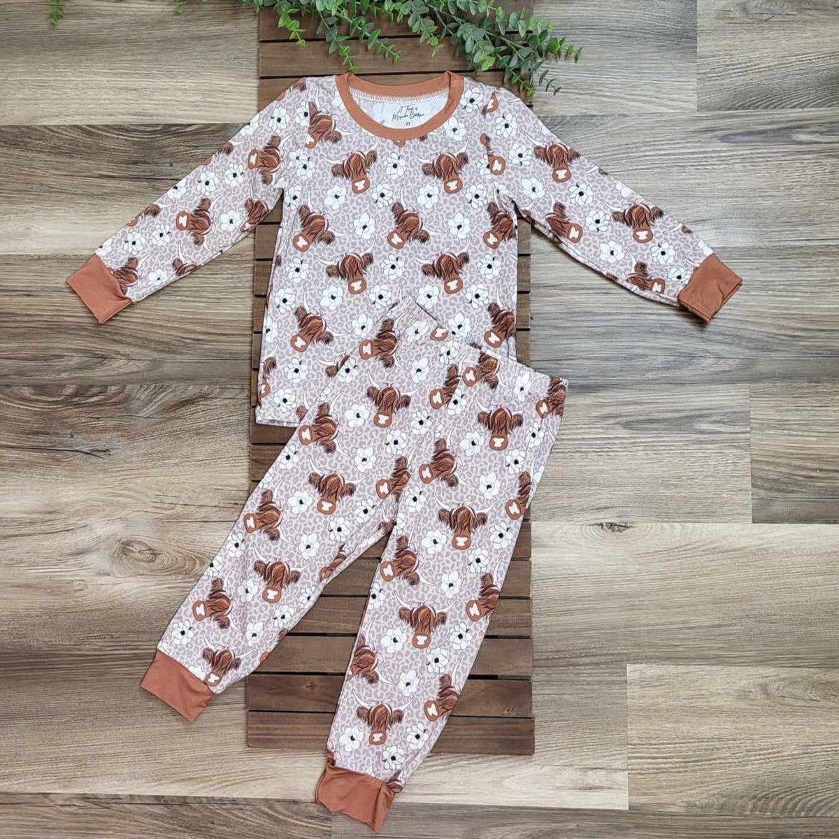 Bamboo Two-Piece Pajama Set- Highland Cow Leopard Magnolia Print