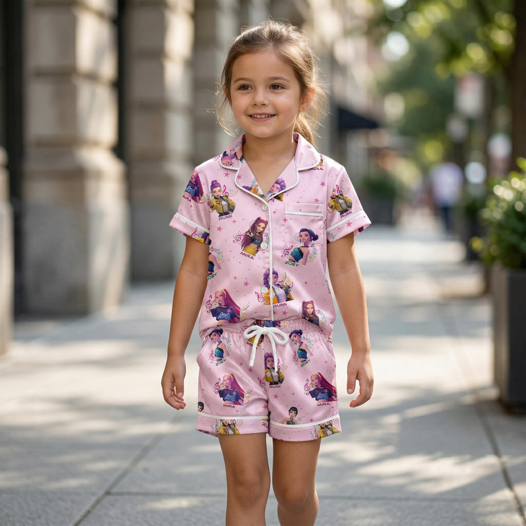 Pink Huntrix Kids Pajama Set, Cute KPop Girl Sleepwear, Girls Short Sleeve Button Up PJs, Soft Summer Kids Lounge Set Gift