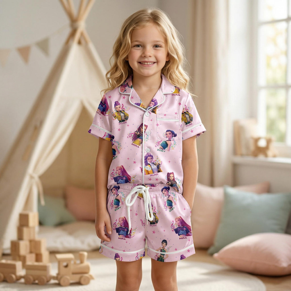 Pink Huntrix Kids Pajama Set, Cute KPop Girl Sleepwear, Girls Short Sleeve Button Up PJs, Soft Summer Kids Lounge Set Gift