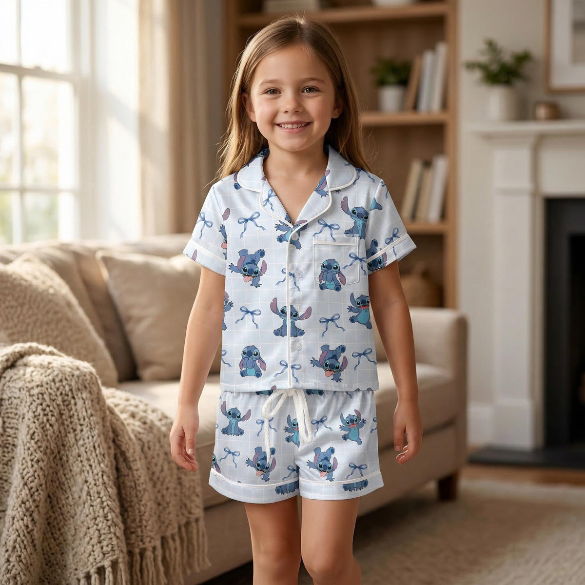Stitch Kids Pajama Set, Cute Coquette Stitch Short Sleeve PJs, Girls Toddler Summer Sleepwear, Disney Stitch Lover Gift Outfit Set