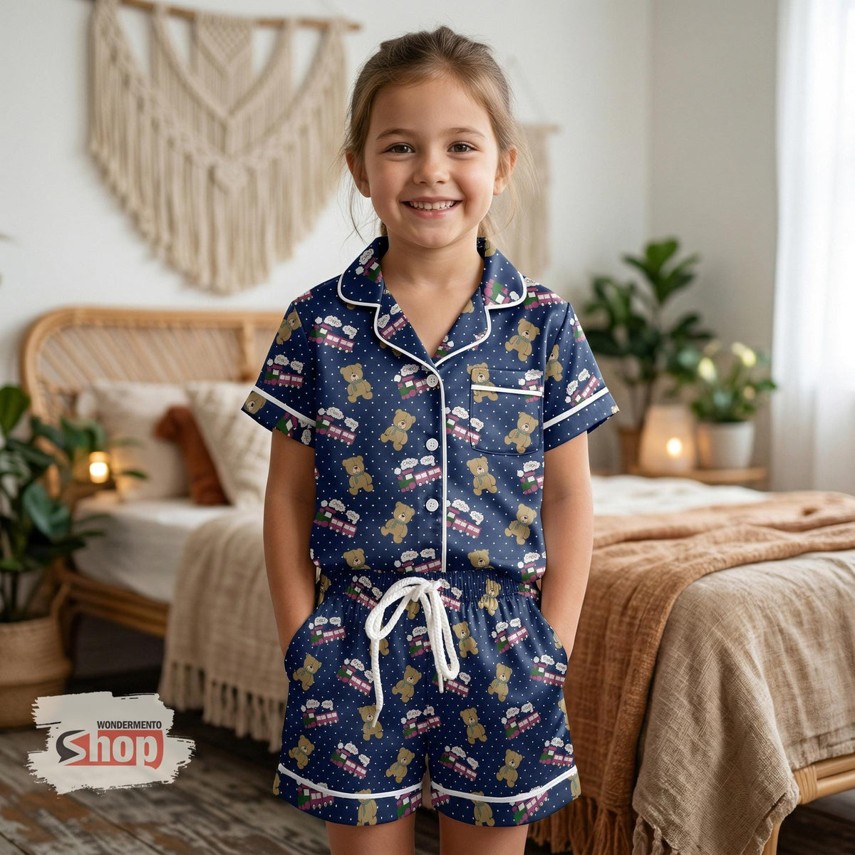 Kids Pajama Set Cute Teddy Bear Train Print, Toddler Summer Sleepwear Set, Soft Breathable Short Sleeve PJs, Gift For Kids Boys Girls