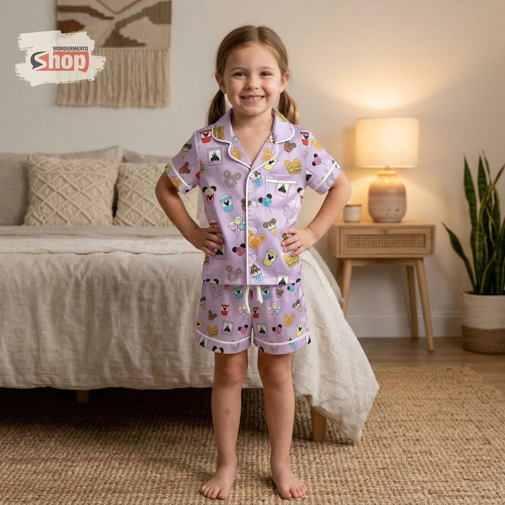 Disney Snacks Pajamas Set For Kids, Cute Disney Drinks Short Pajama Set, Toddler Sleepwear Outfit, Summer Kids PJs Gift Birthday Christmas