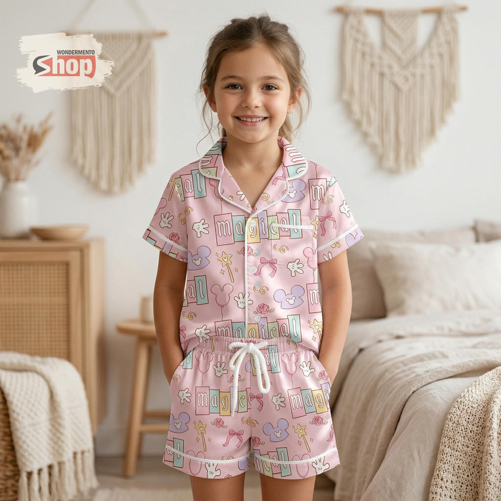 Magical Mickey Kids Satin Pajamas Set, Coquette Bow Disney Pajamas, Cute Pink Sleepwear for Girls, Soft Summer Nightwear Gift Idea