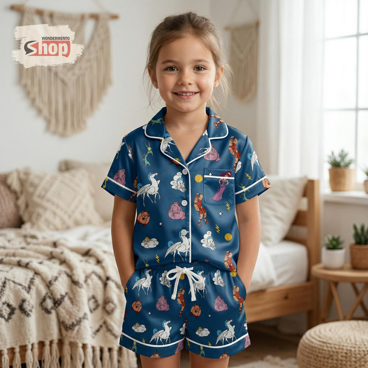 Hercules Megara Pain Panic Phil Kids Satin Pajamas Set, Hercules Inspired Cartoon Sleepwear, Summer Soft Nightwear Gift