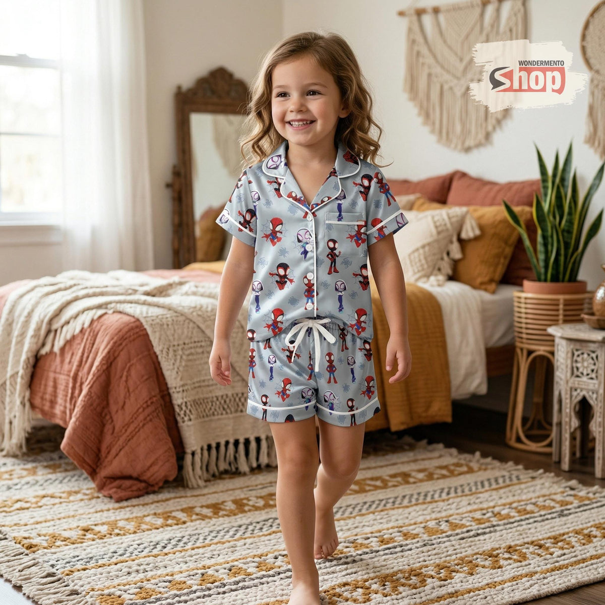 Spidey Kids Satin Pajamas Set, Superhero Cartoon Sleepwear, Cute Spider Boy Girls Pajama Set, Soft Summer Nightwear Gift for Kids Girls